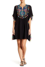 Black Beach Kaftan Style Tunic with Multi Colored Tassels - Hot Boho Resort & Swimwear