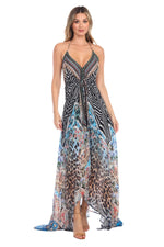 Blue Leopard Designer 3-Way Maxi Dress with Halter Neck - Hot Boho Resort & Swimwear