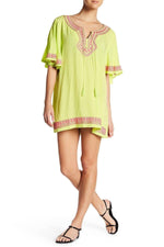 Lime Green Embroidered Mini Tunic Cover Up for Beachwear - Hot Boho Resort & Swimwear