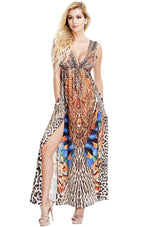 Nature Print 2 Slit Maxi Dress with front Pockets | Luxury Kaftan maxi dresses and tunics - Hot Boho Resort & Swimwear