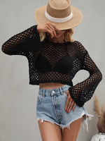 Openwork Flare Sleeve Cropped Cover Up - Hot Boho Resort & Swimwear