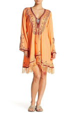 Orange Cross Ties With Embroidery And Tassels / Tunic Style Dress - Hot Boho Resort & Swimwear