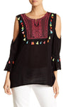 Women's Boho Tops | Black Embroidered Cold Shoulder Top with Colorful Tassels - Hot Boho Resort & Swimwear